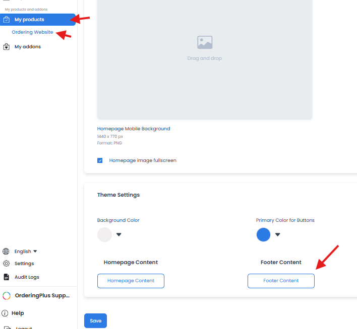 Footer Content selection in the later editor layout