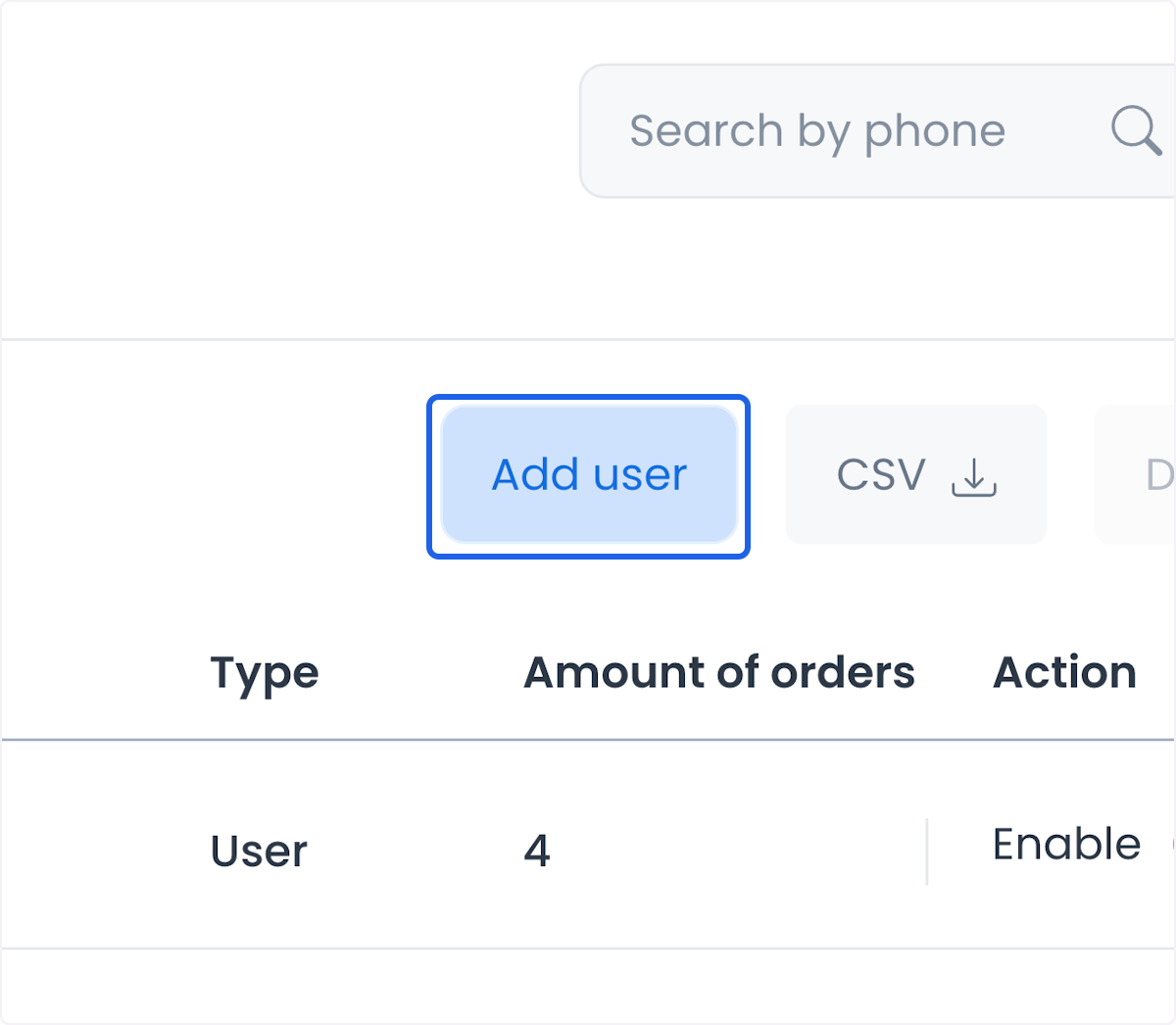 Control Add user en la lista Customers
