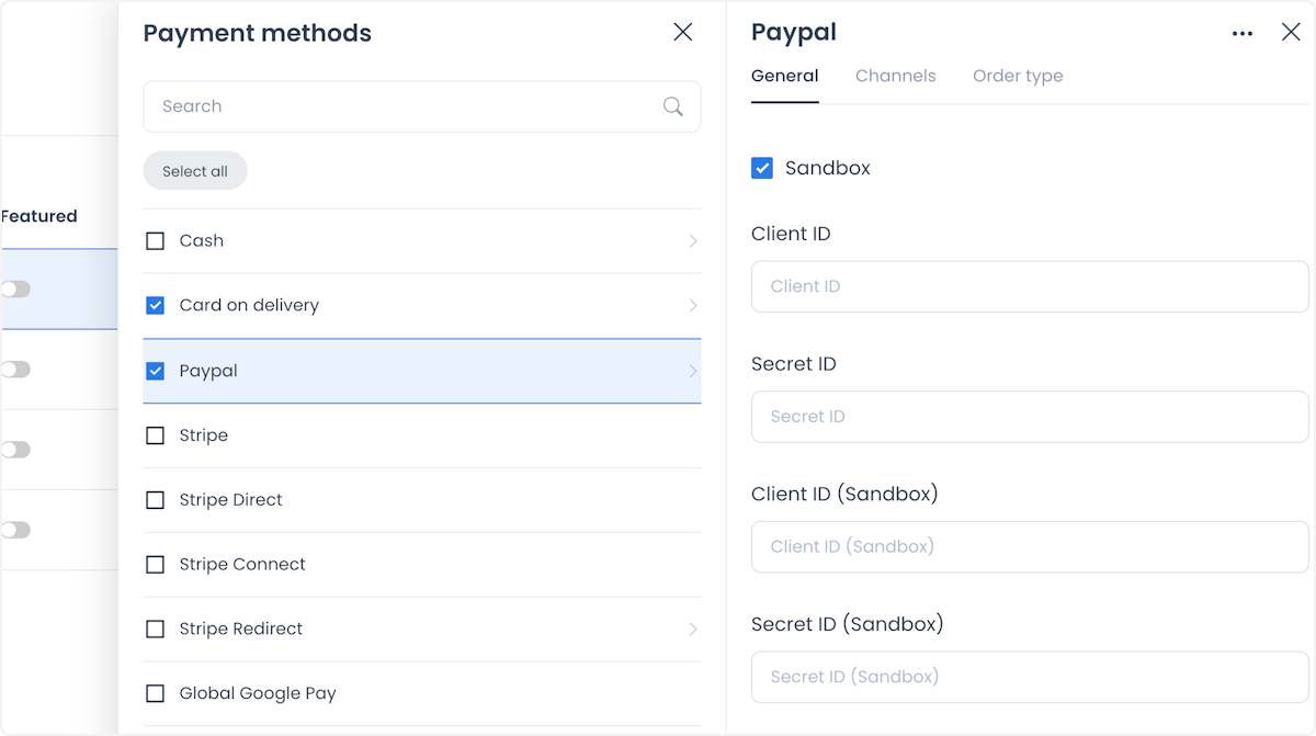 PayPal configuration fields