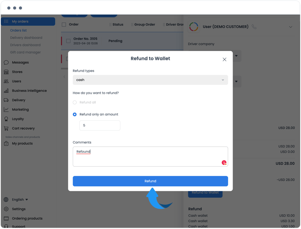 Refund to Wallet dialog with a selected refund type, amount, and comments field