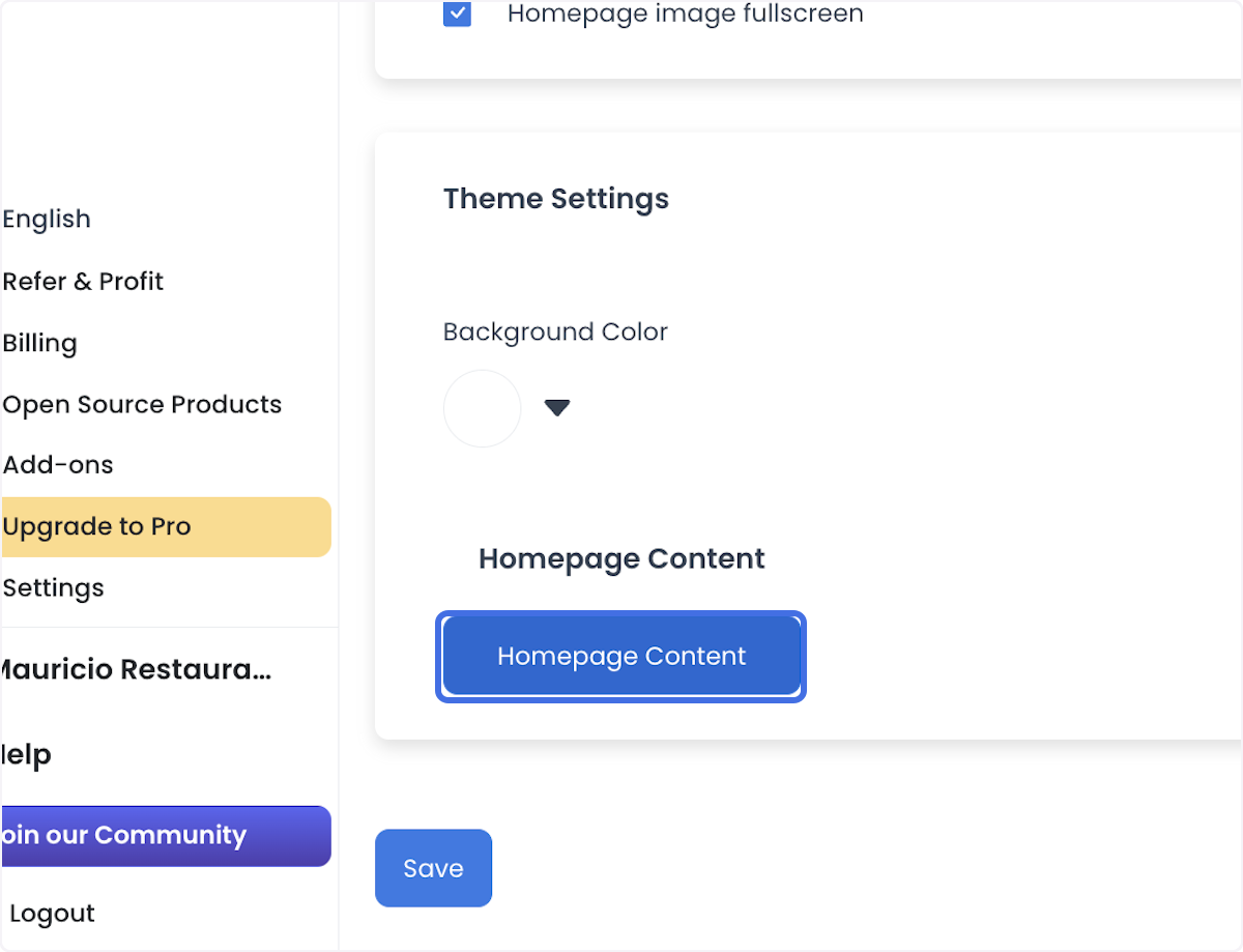 Homepage Content option in the website editor