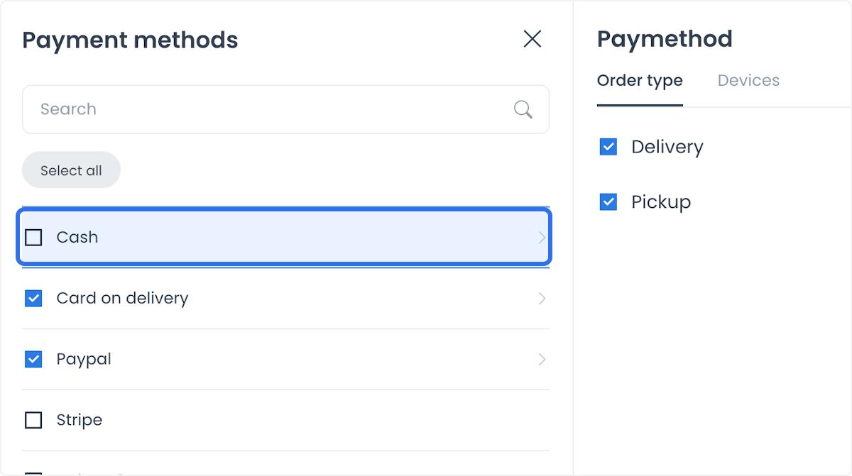 Cash and card on delivery payment settings