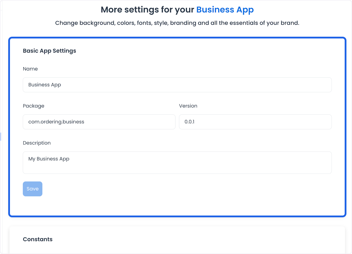 Controles de versión y guardado de Business App