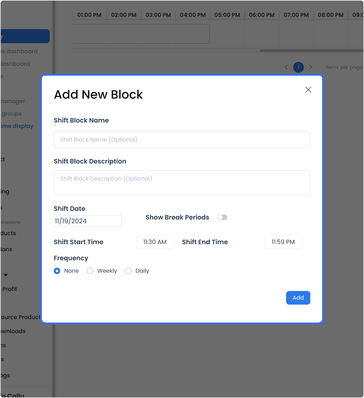 Formulario Add New Block con controles de fecha, hora y frecuencia
