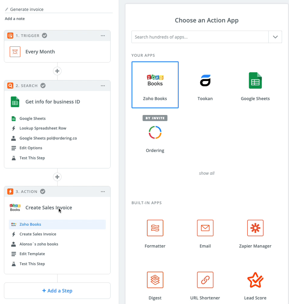 Zoho Books sales-invoice action in Zapier