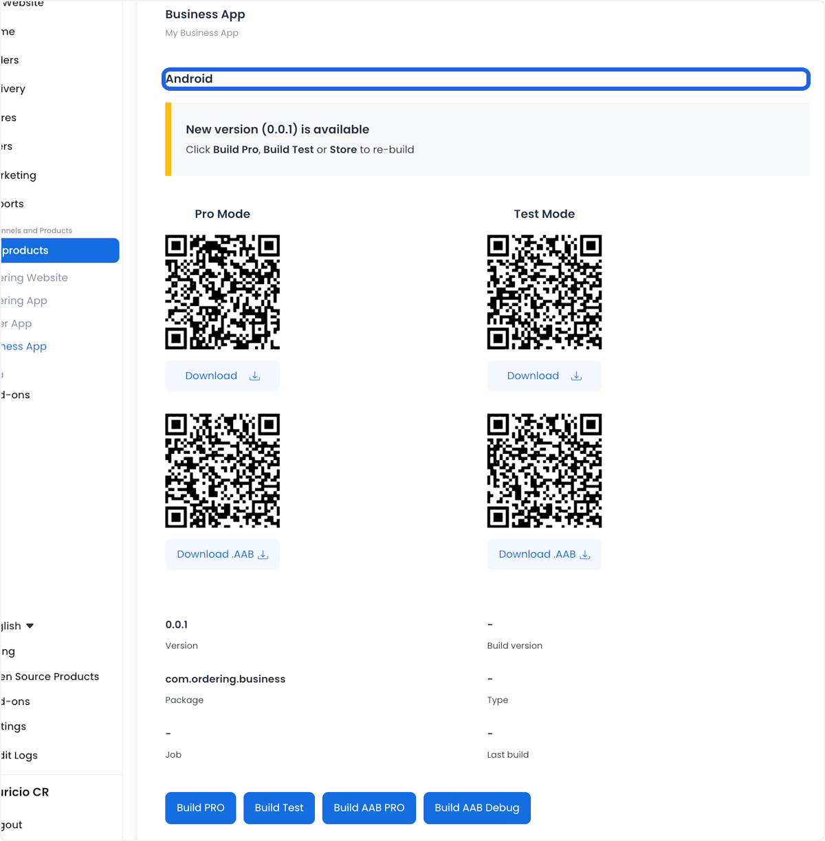 Artefactos de compilación generados por Business App