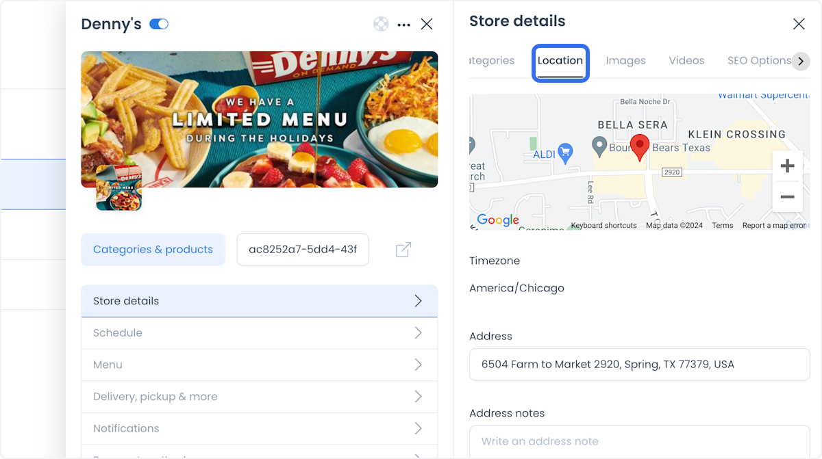 Pestaña Location con la dirección y el mapa de una tienda
