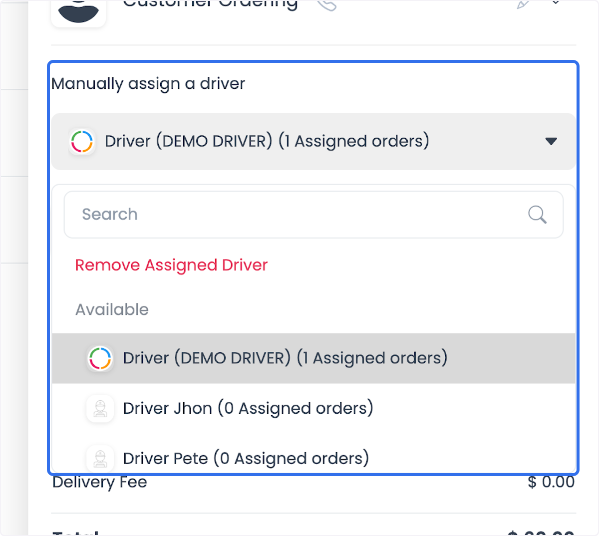 Manual driver assignment in the business Dashboard