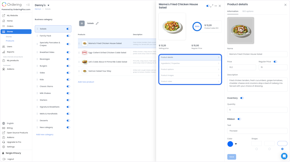 Product detail fields in a menu configuration