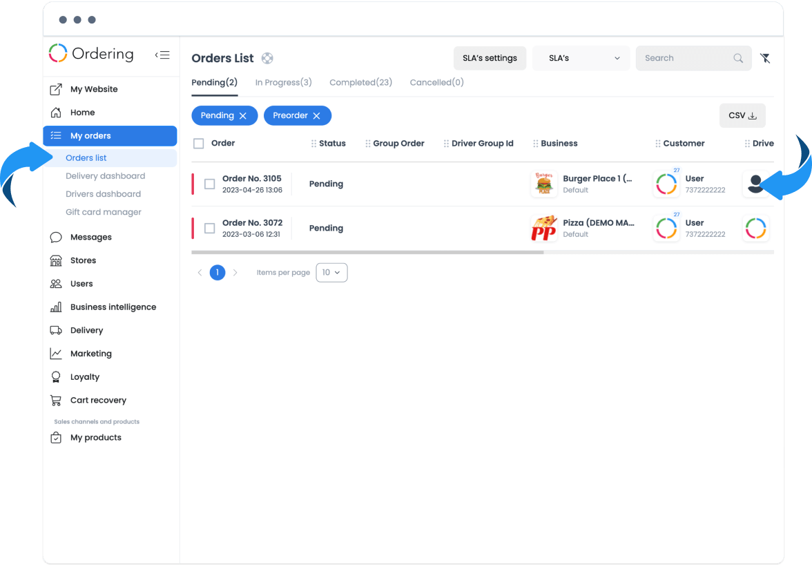 Orders List with a selected order