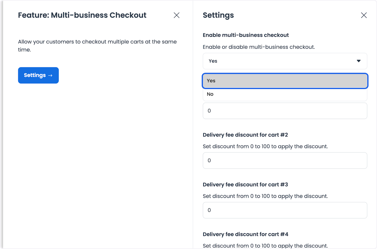 Ajustes del complemento Multi-business checkout con el control para habilitarlo y campos de descuento del carrito