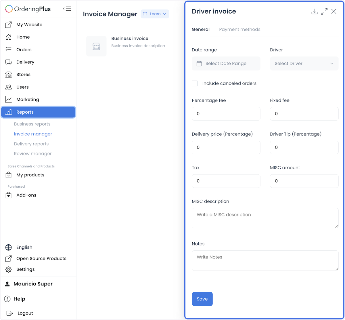 Driver invoice financial-detail fields