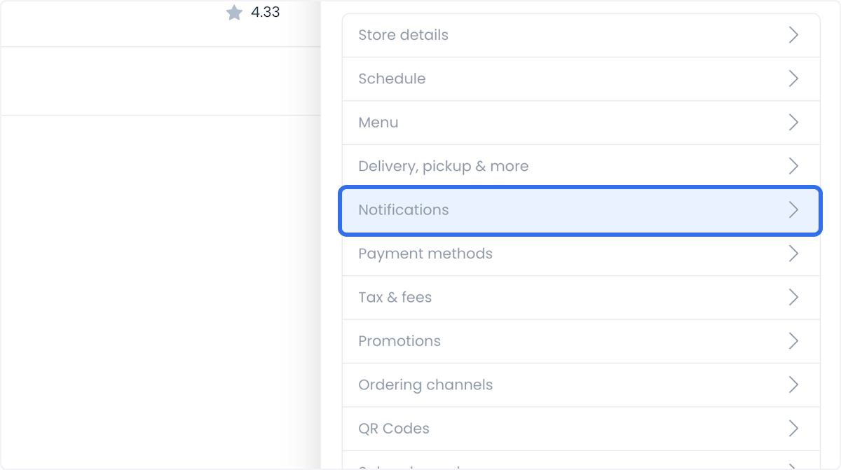 Notifications panel in the store settings