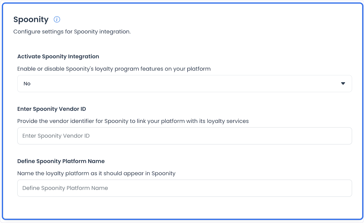 Controles históricos de integración Spoonity con campos vacíos de identificador y nombre de plataforma