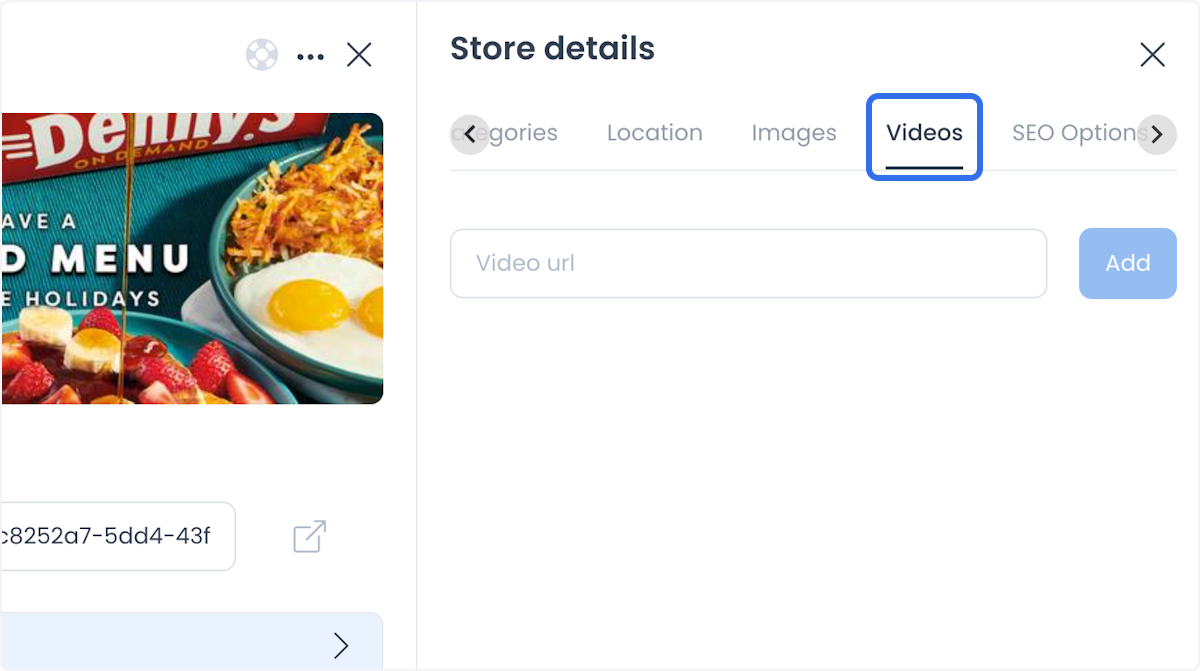 Pestaña Videos con opciones para subir videos de una tienda