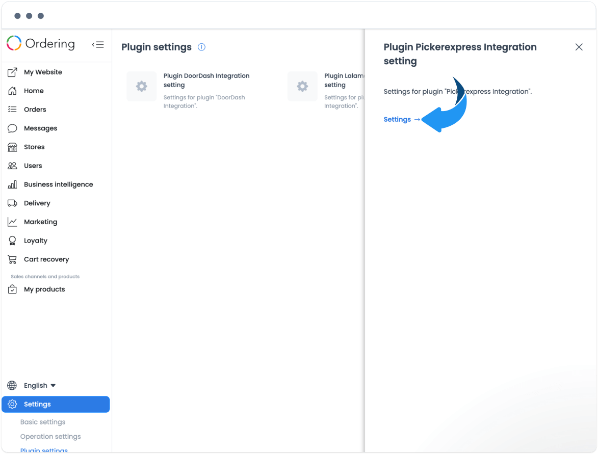 PickerExpress integration panel with the Settings action