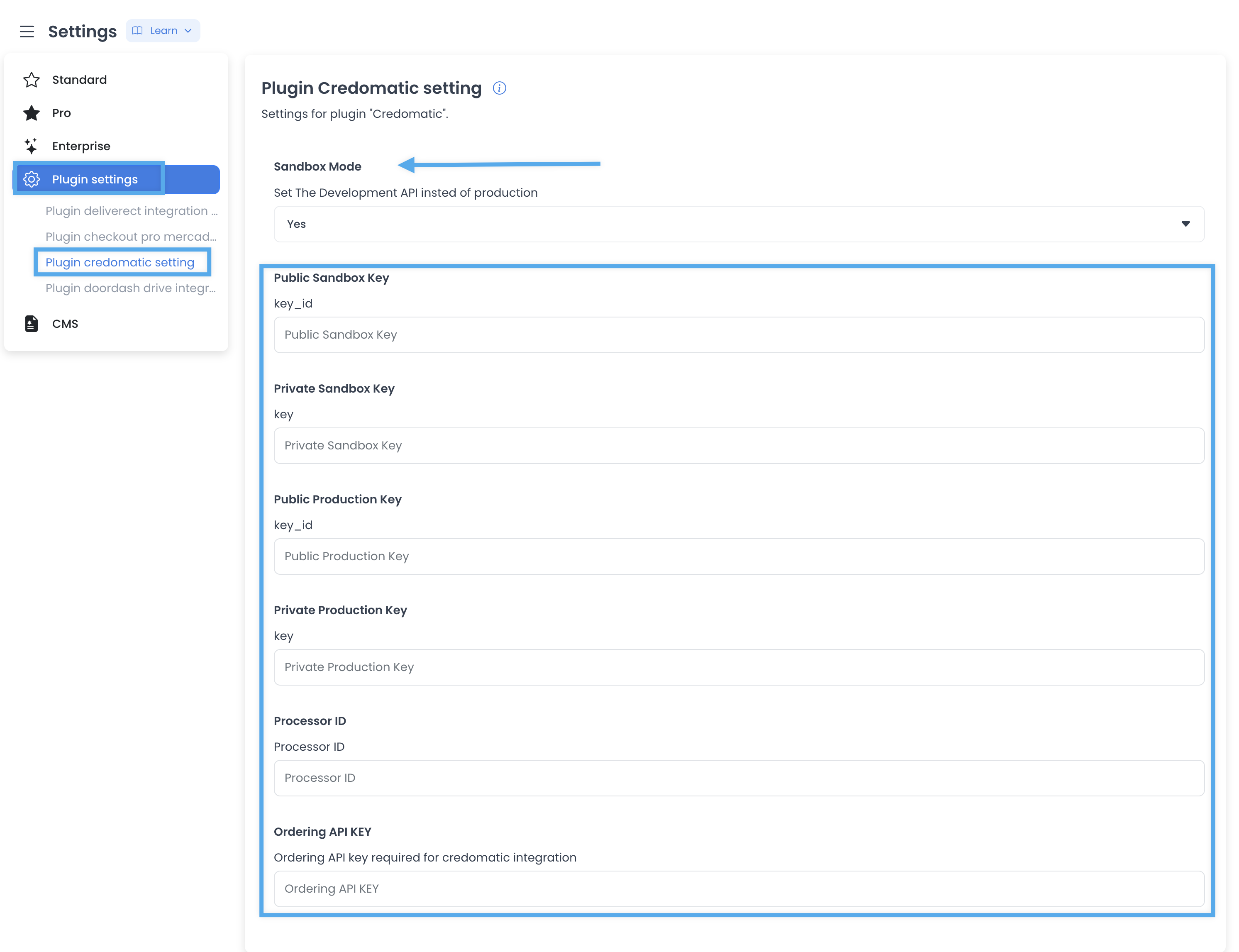 Credomatic plugin settings with sandbox mode and key fields