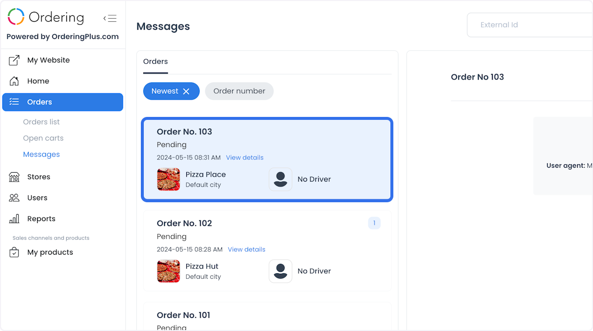 Lista y selección de pedidos en Messages