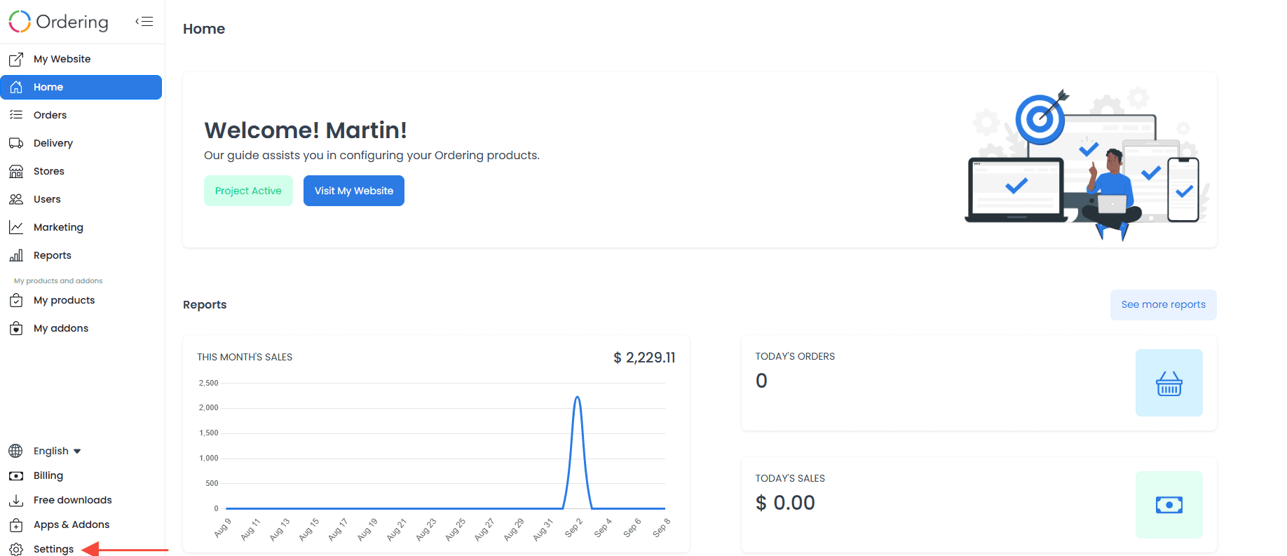 Navegación de Dashboard con Settings identificado