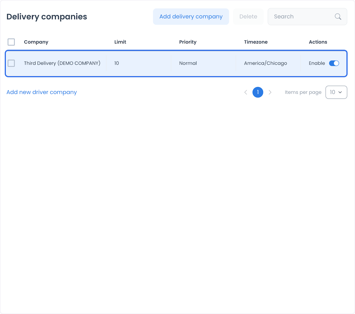 Lista de empresas de entrega con registros y estados habilitados