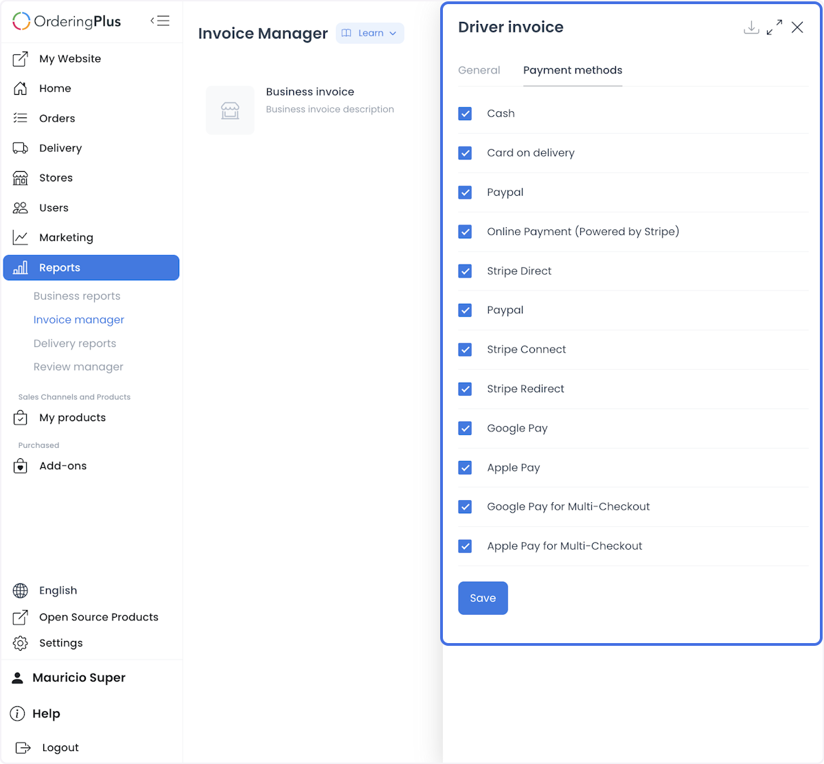 Driver invoice payment-method selection
