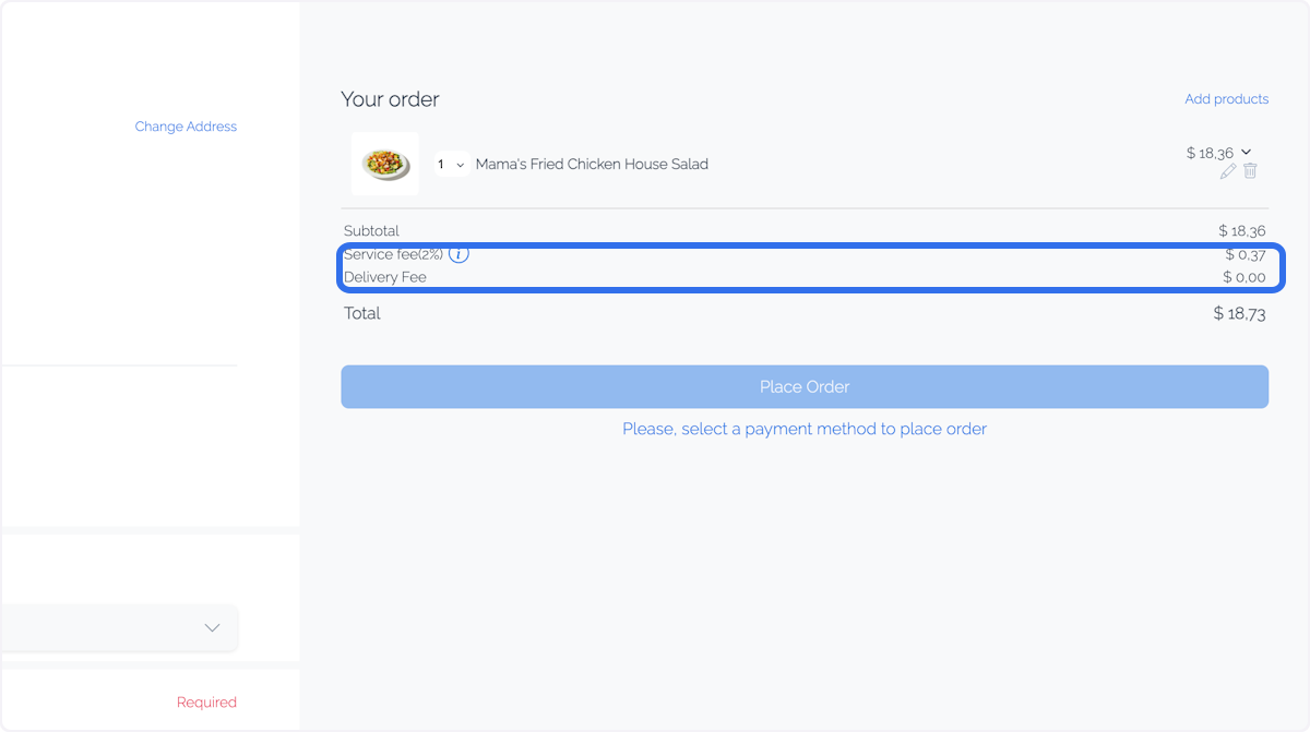 Captured checkout breakdown with Service fee and Delivery Fee rows