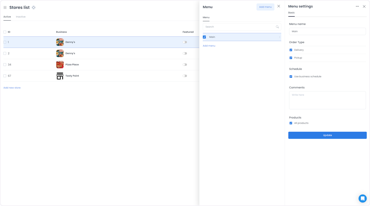 Store menu configuration panel