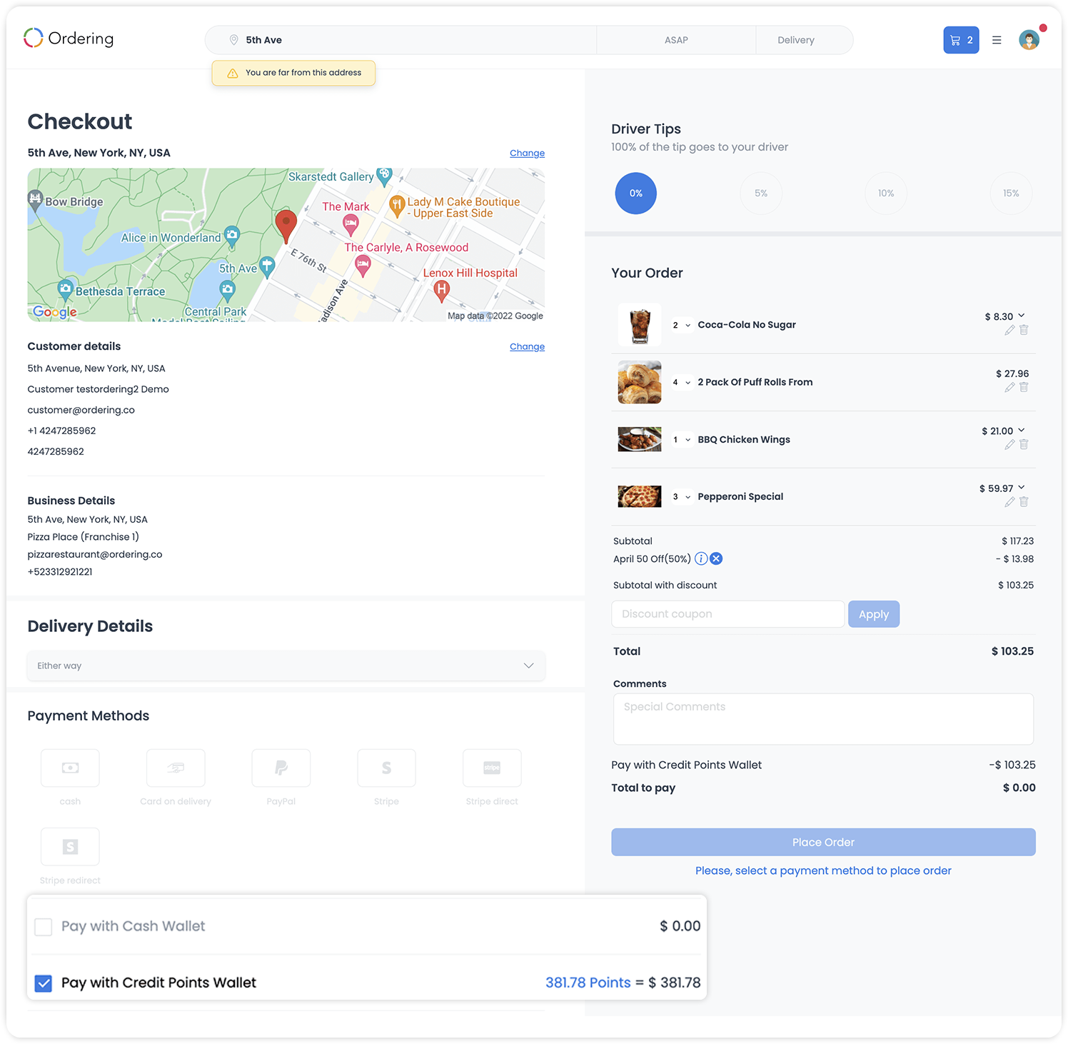 Checkout example with a credit-points wallet payment option