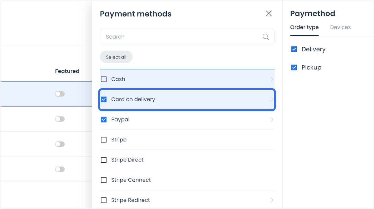 Card on delivery configuration by delivery type