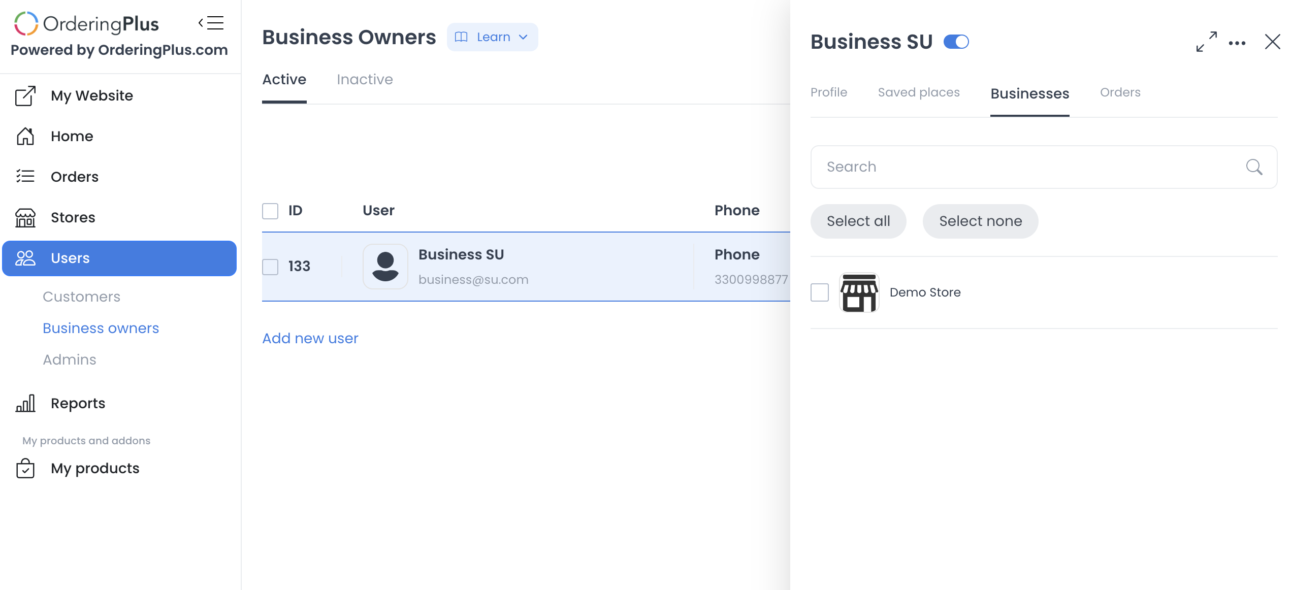 Sección Business para asignar tiendas a un business owner