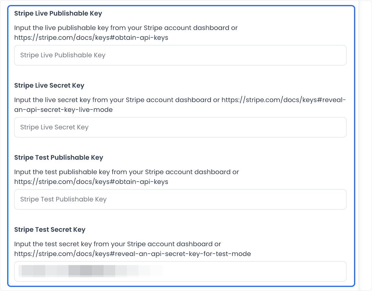 Four Stripe key fields with the credential value removed