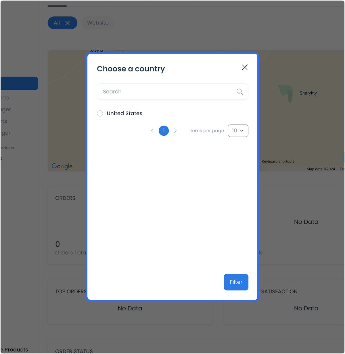 Selector de país ilustrativo de Delivery reports