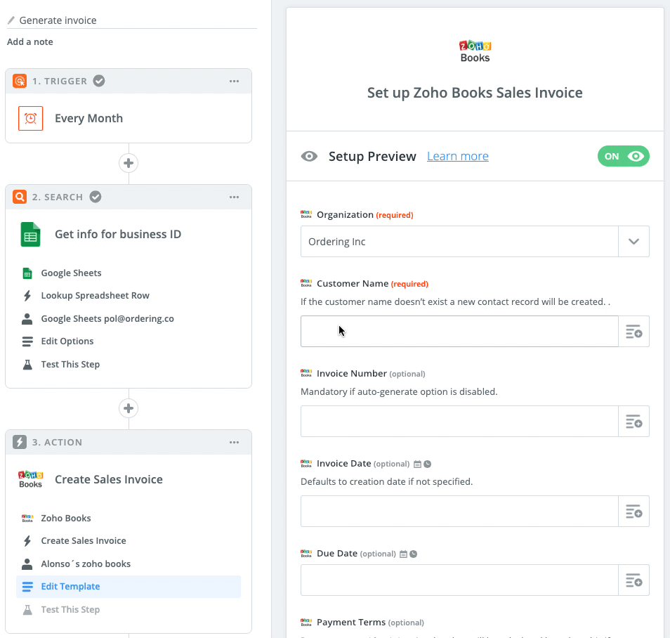 Business-name mapping for a Zoho Books invoice