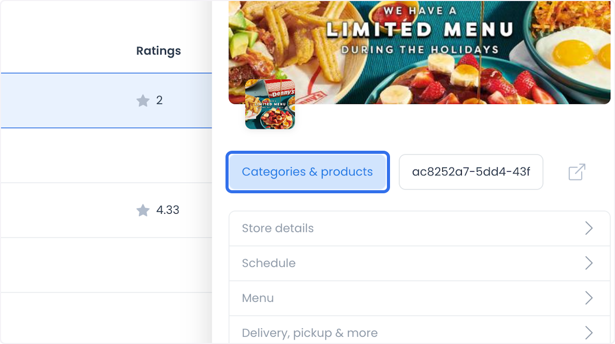 Products and Categories section in the Dashboard