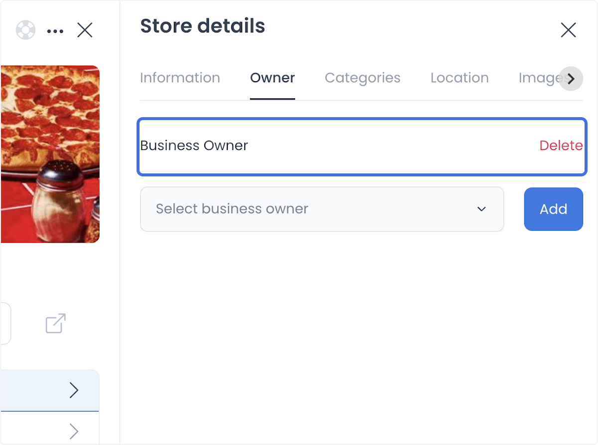 Área de propietario de tienda con un control de selección de business owner