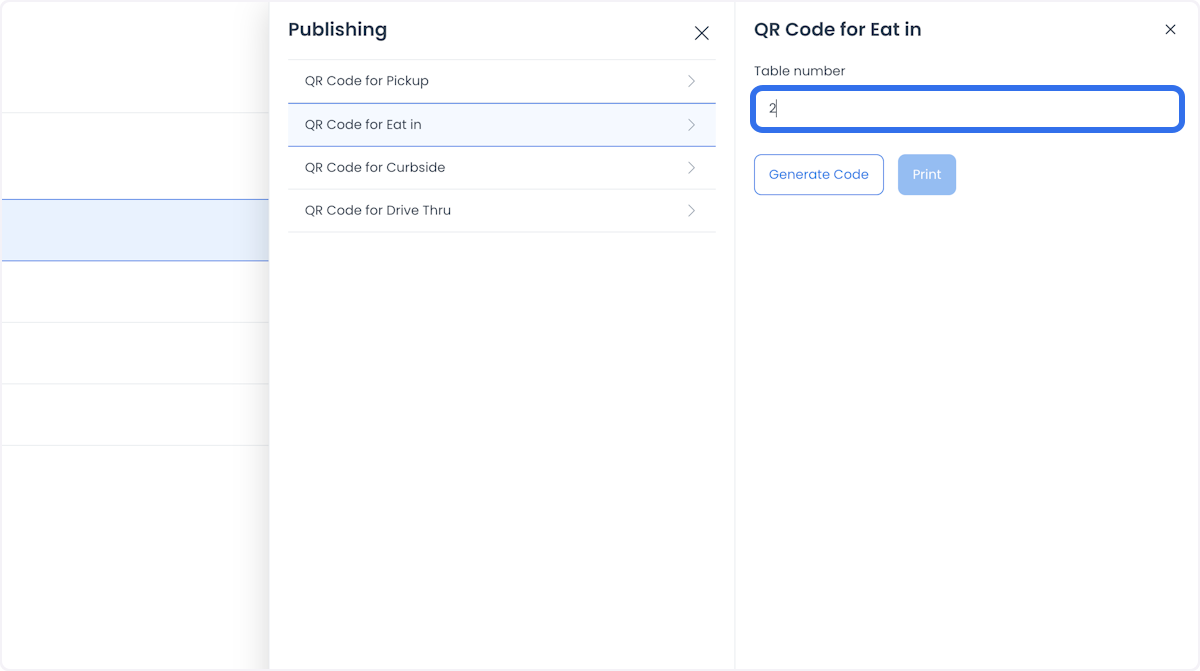 Table number field for the Eat in QR code