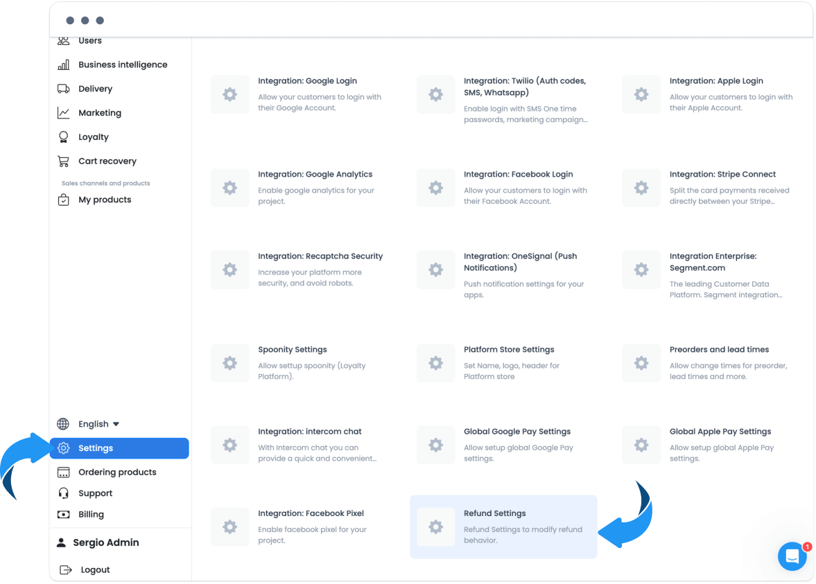 Pantalla Settings de Dashboard con Refund Settings resaltado
