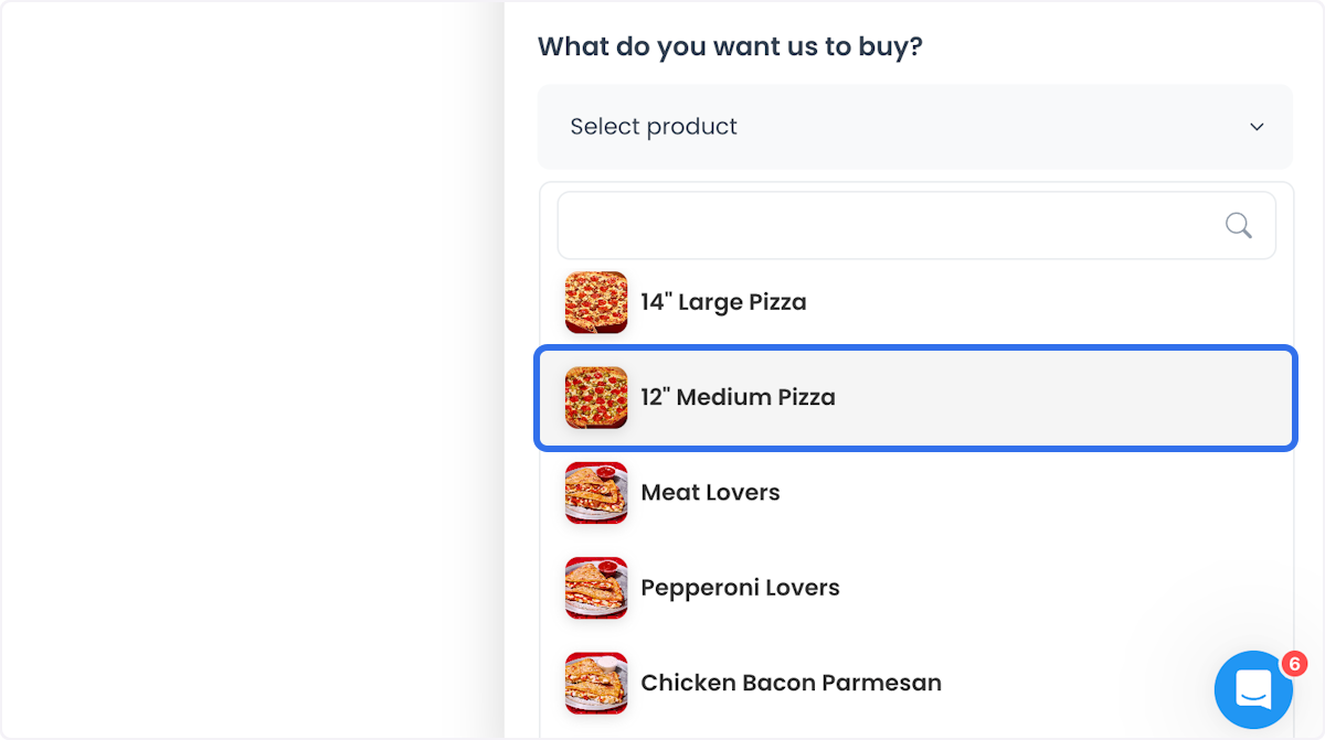 Menú de selección de productos en Create custom order