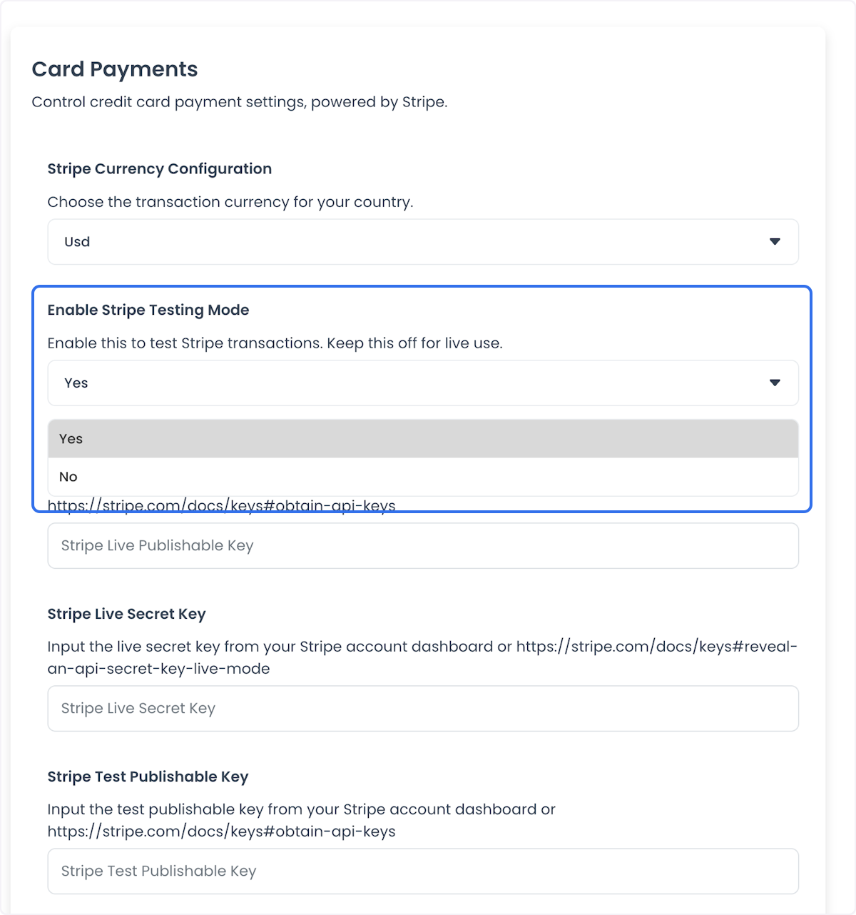 Enable Stripe Testing Mode selector with Yes and No options