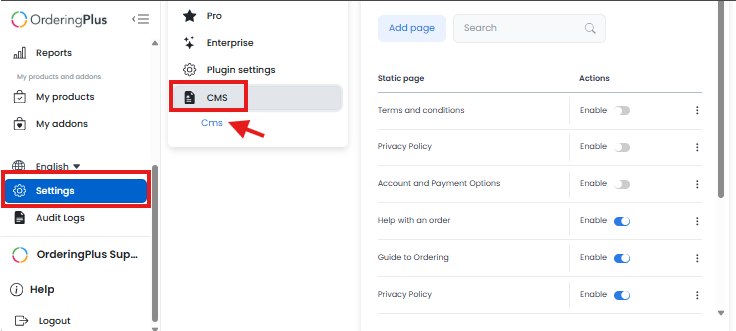 CMS option in Dashboard Settings