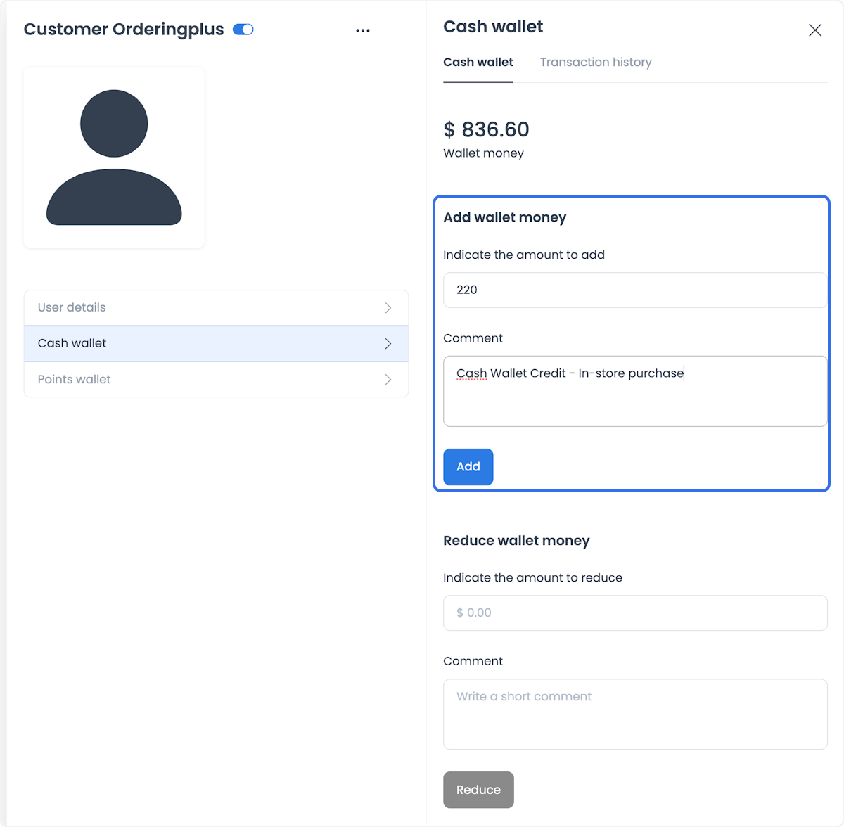 Panel Cash Wallet con el formulario Add wallet money