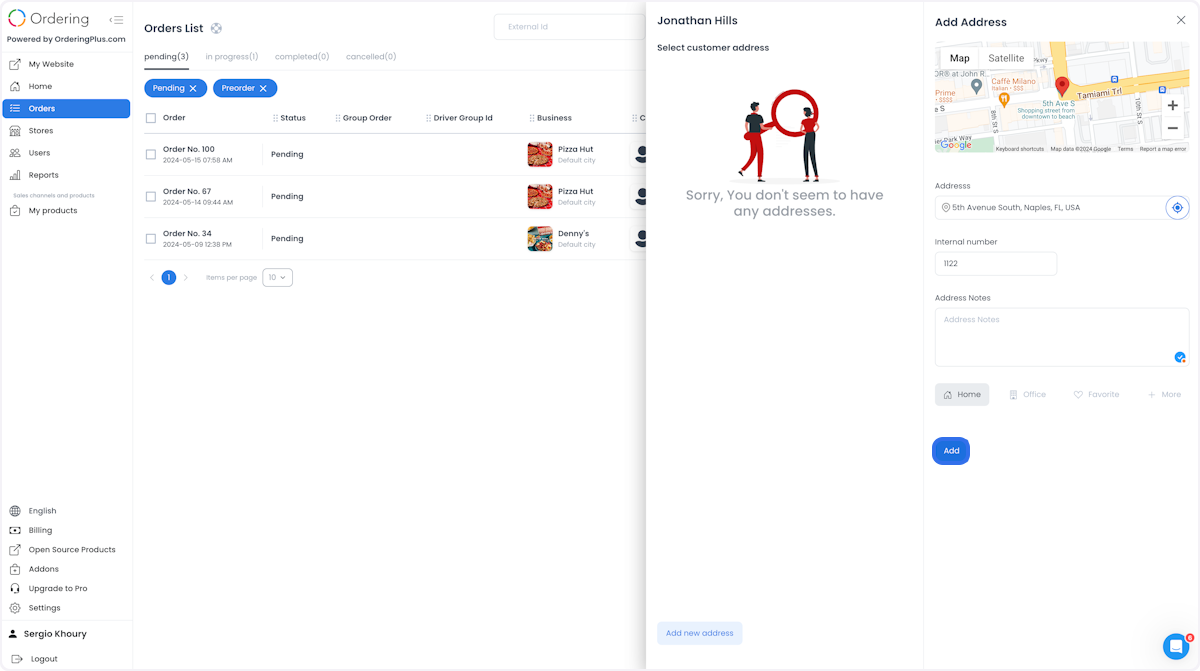 Panel de dirección del cliente y mapa en Create custom order