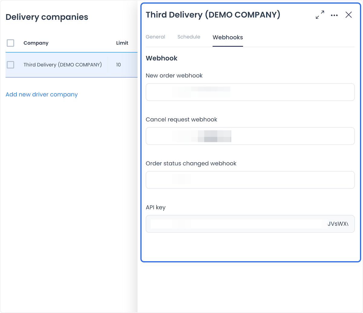 Ajustes de webhooks de una empresa de entrega
