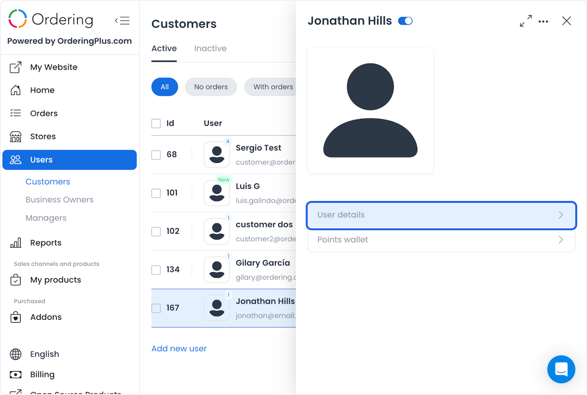 Panel de detalles de cliente abierto desde la lista Customers
