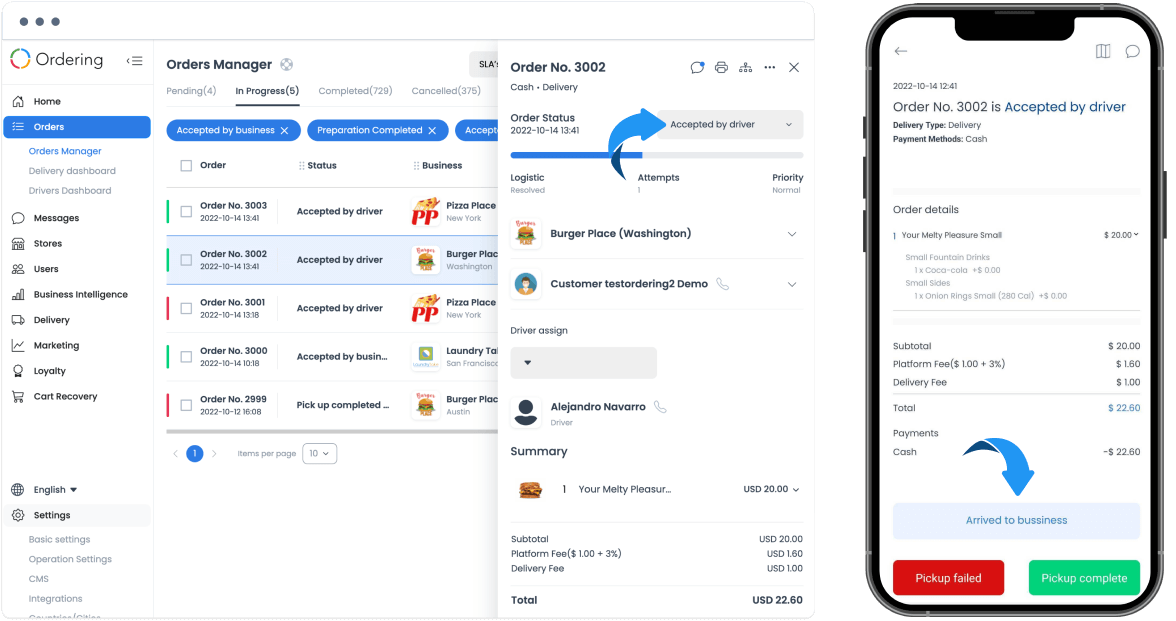Acción de estado de entrega en Driver App