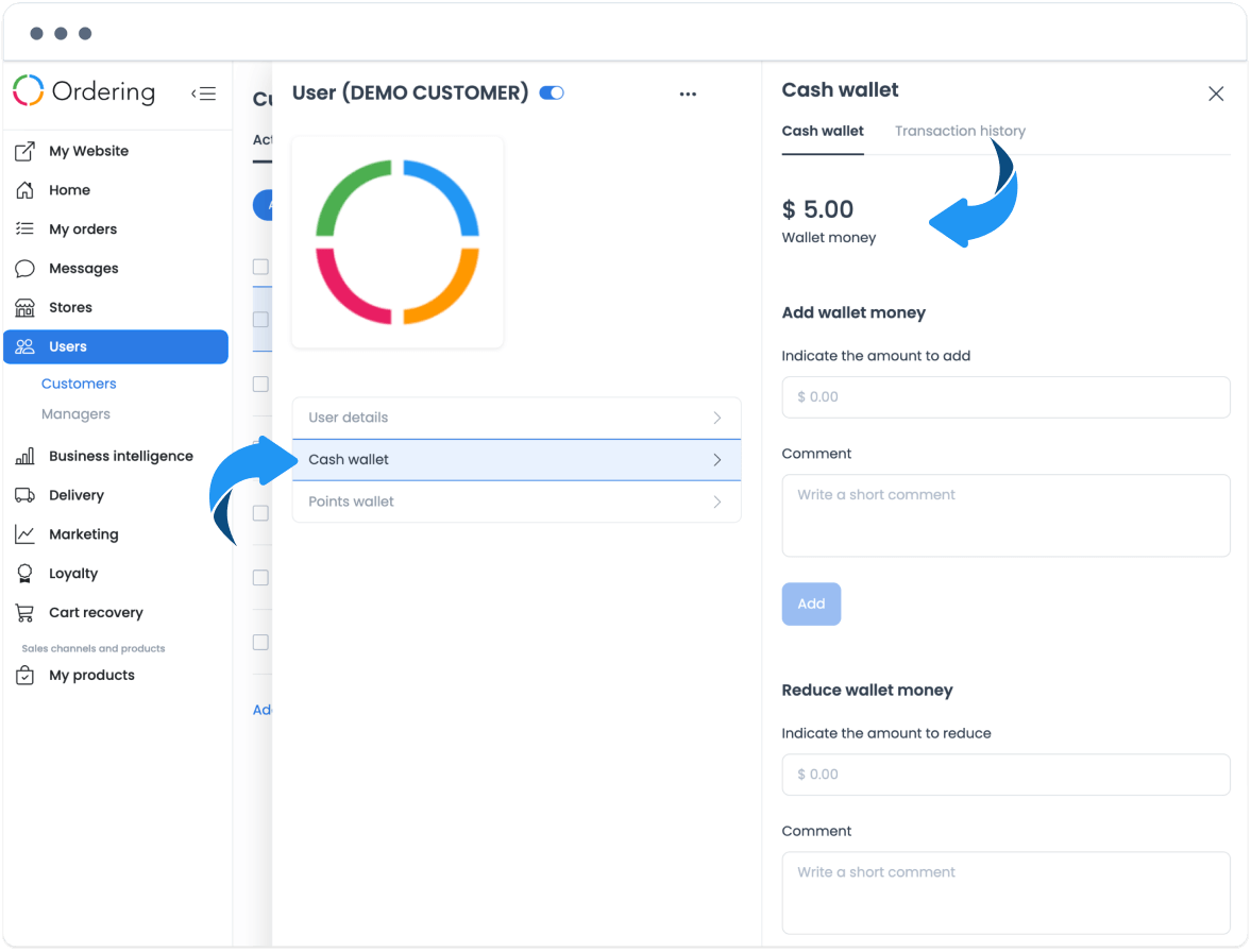 Customer Cash Wallet panel with the wallet-balance area