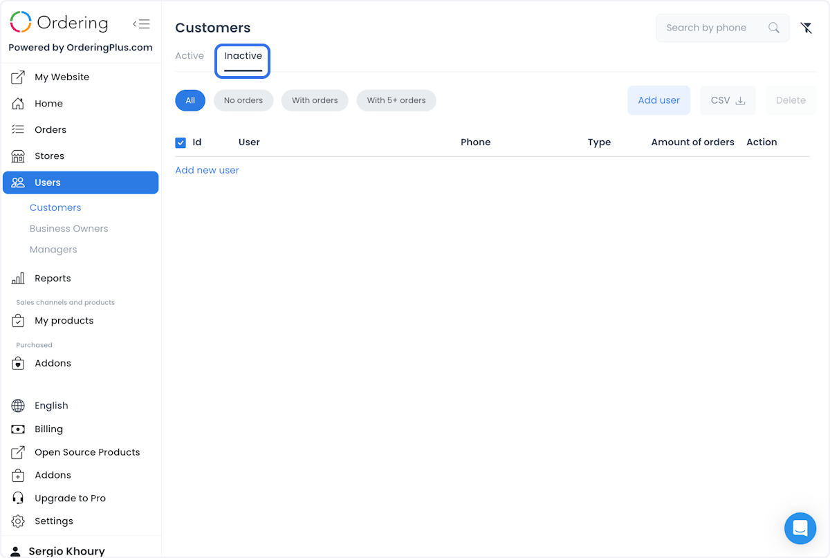 Vista Inactive de Customers con controles de lista