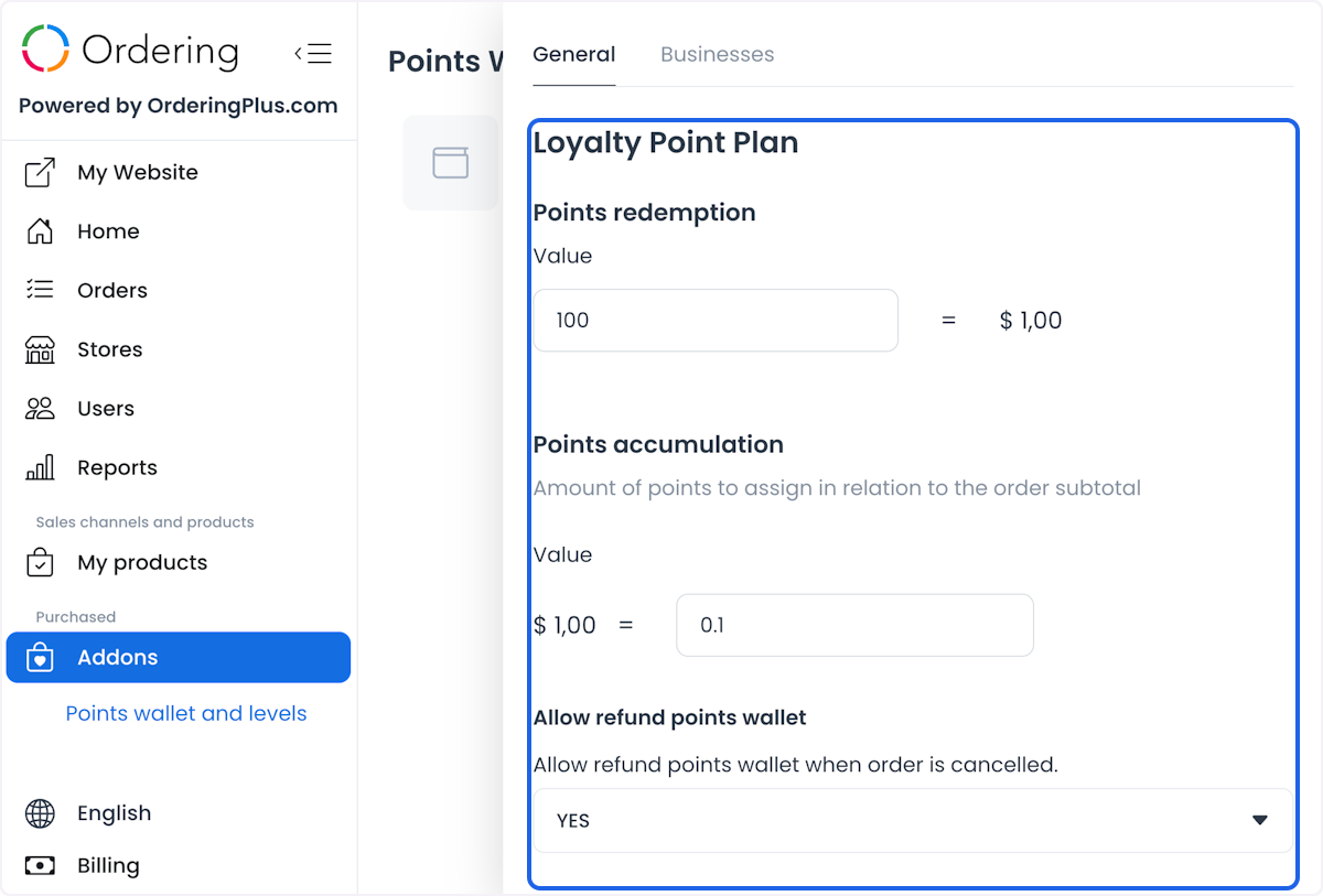 General points wallet settings with redemption, accumulation, and canceled-order refund controls