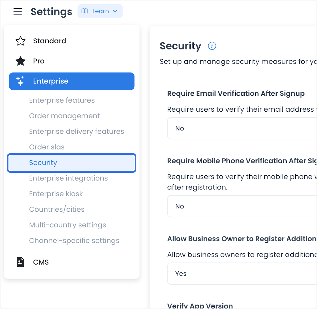 Navegación histórica de Dashboard con Security seleccionada