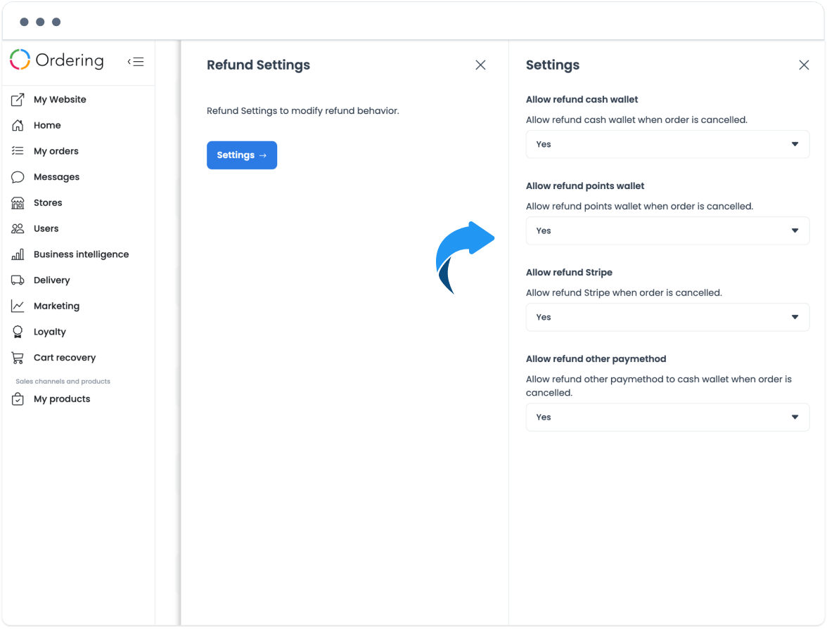 Panel Refund Settings que muestra destinos de reembolso habilitados